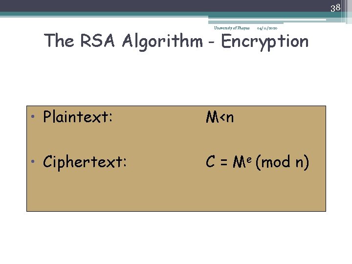 38 University of Phayao 04/11/2020 The RSA Algorithm - Encryption • Plaintext: M<n •