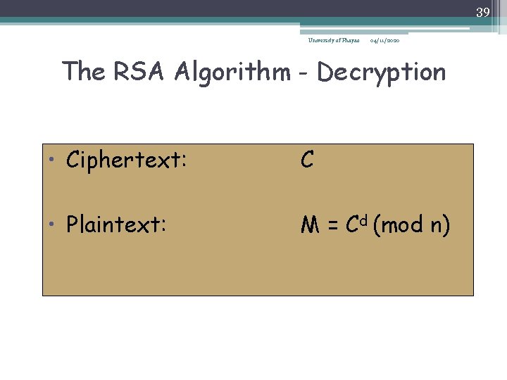 39 University of Phayao 04/11/2020 The RSA Algorithm - Decryption • Ciphertext: C •