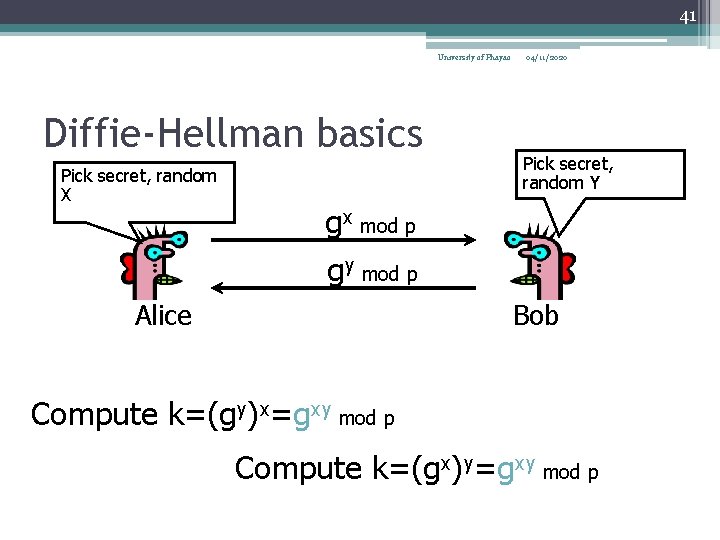 41 University of Phayao Diffie-Hellman basics Pick secret, random X 04/11/2020 Pick secret, random