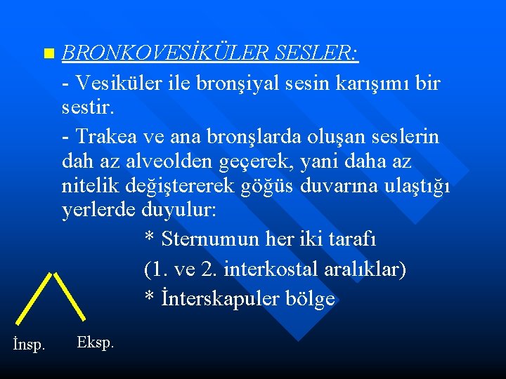 n İnsp. BRONKOVESİKÜLER SESLER: - Vesiküler ile bronşiyal sesin karışımı bir sestir. - Trakea