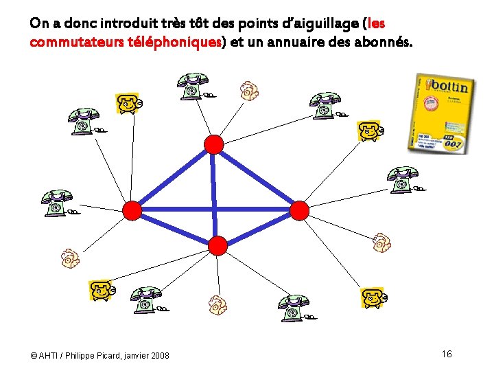 On a donc introduit très tôt des points d’aiguillage (les commutateurs téléphoniques) et un