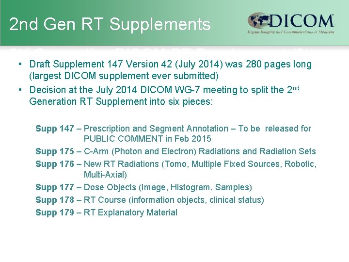2 nd Gen RT Supplements 2 nd Generation DICOM RT Development (2) • Draft