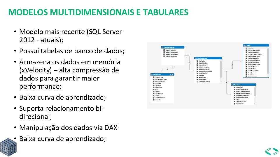 MODELOS MULTIDIMENSIONAIS E TABULARES • Modelo mais recente (SQL Server 2012 - atuais); •