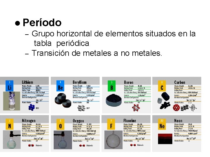 l Período – Grupo horizontal de elementos situados en la tabla periódica – Transición