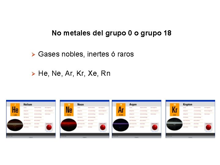 No metales del grupo 0 o grupo 18 Ø Gases nobles, inertes ó raros