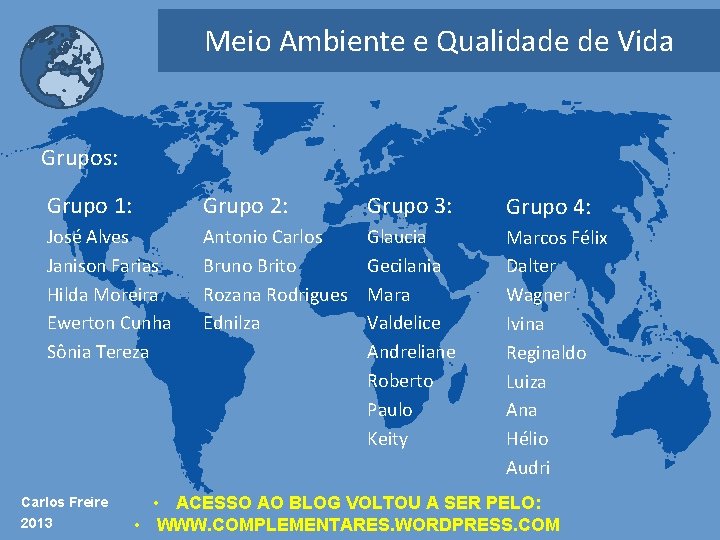 Meio Ambiente e Qualidade de Vida Grupos: Grupo 1: Grupo 2: Grupo 3: Grupo