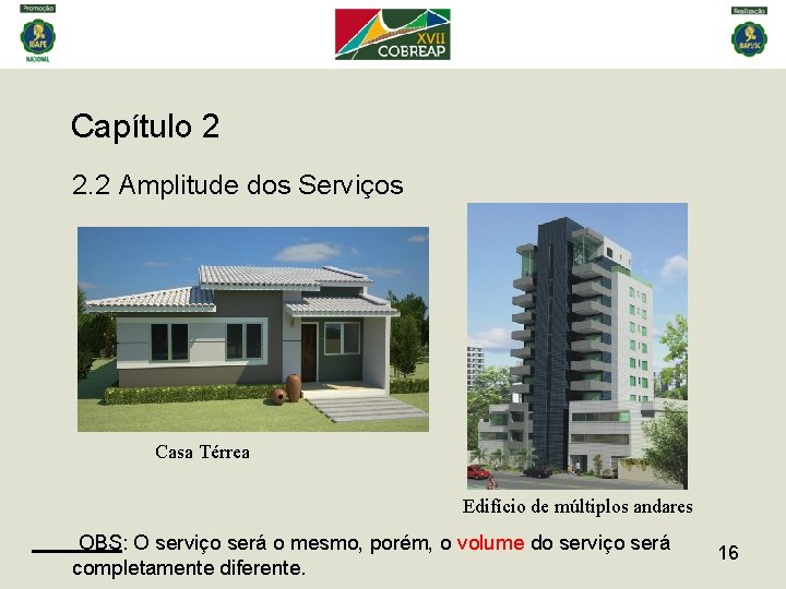 Capítulo 2 2. 2 Amplitude dos Serviços Casa Térrea Edifício de múltiplos andares OBS:
