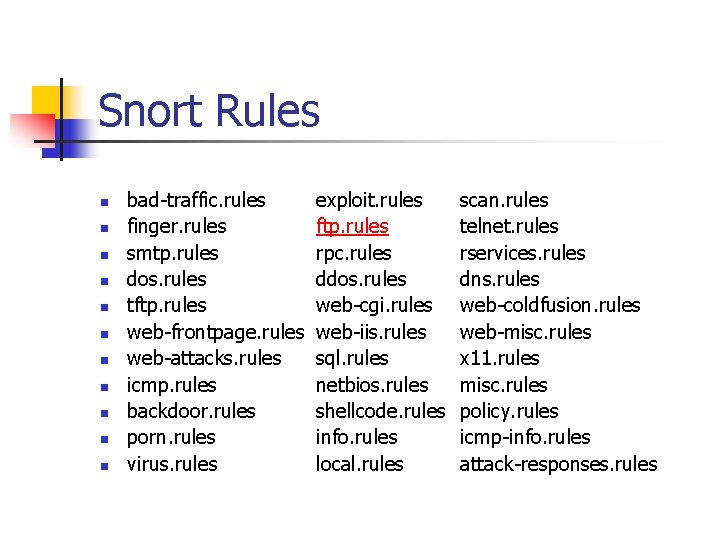 Snort Rules n n n bad-traffic. rules finger. rules smtp. rules dos. rules tftp.