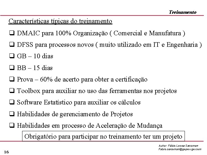 Treinamento Características típicas do treinamento q DMAIC para 100% Organização ( Comercial e Manufatura