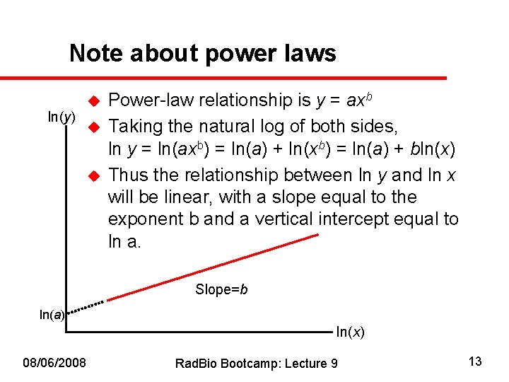 Note about power laws u ln(y) u u Power-law relationship is y = axb