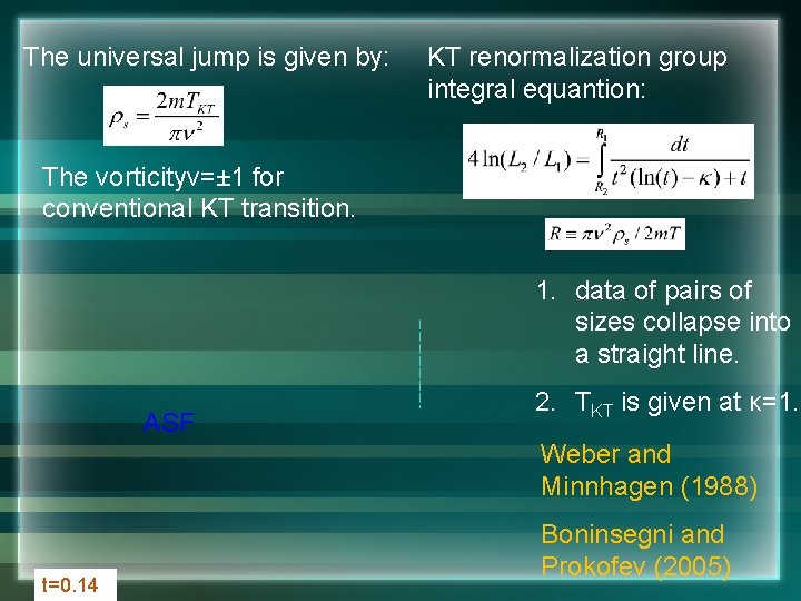 The universal jump is given by: KT renormalization group integral equantion: The vorticityν=± 1