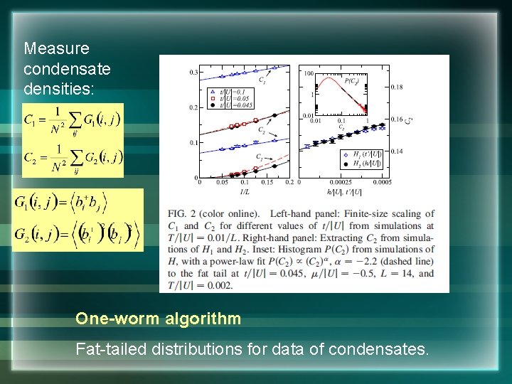 Measure condensate densities: One-worm algorithm Fat-tailed distributions for data of condensates. 