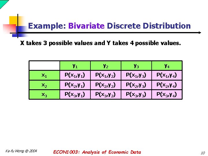 Example: Bivariate Discrete Distribution X takes 3 possible values and Y takes 4 possible