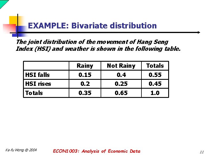 EXAMPLE: Bivariate distribution The joint distribution of the movement of Hang Seng Index (HSI)