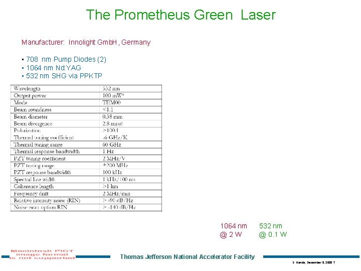 The Prometheus Green Laser Manufacturer: Innolight Gmb. H, Germany • 708 nm Pump Diodes