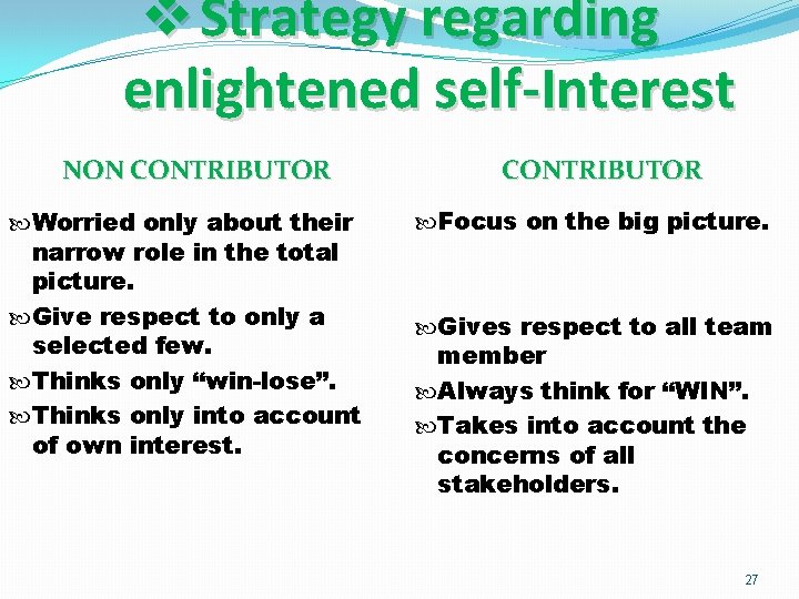 v Strategy regarding enlightened self-Interest NON CONTRIBUTOR Worried only about their narrow role in