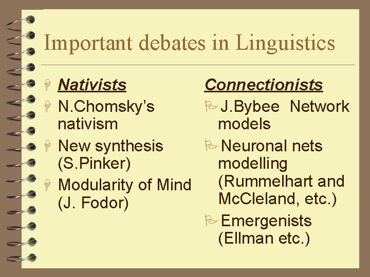 Important debates in Linguistics H Nativists H N. Chomsky’s Connectionists PJ. Bybee Network nativism