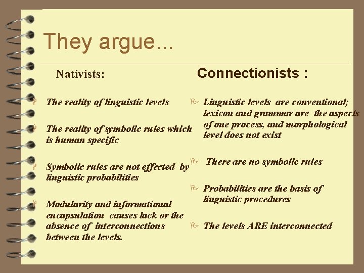 They argue. . . Connectionists : Nativists: H The reality of linguistic levels P
