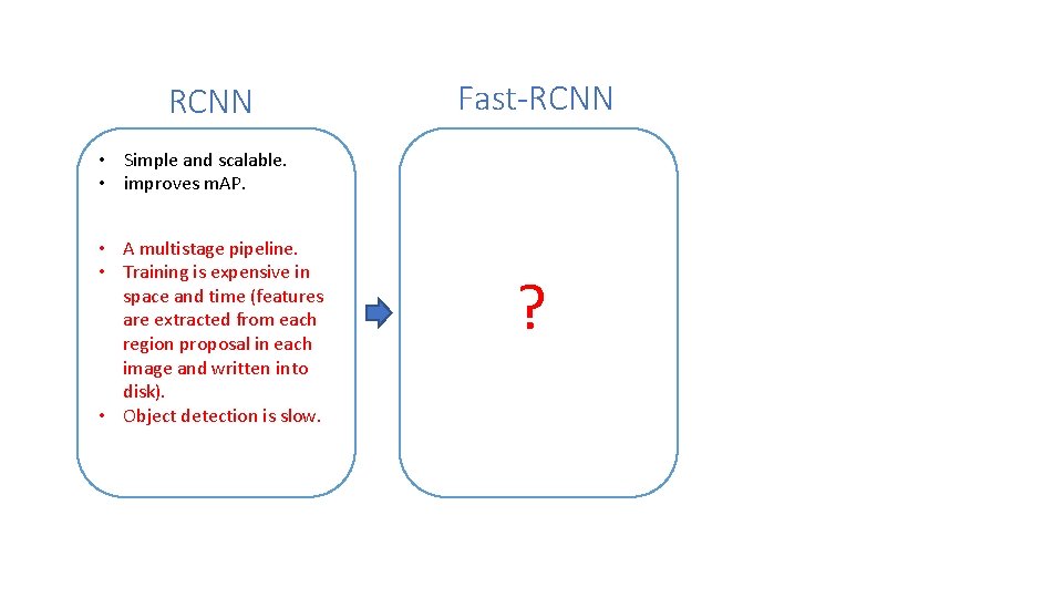 RCNN Fast-RCNN • Simple and scalable. • improves m. AP. • A multistage pipeline. RCNN Fast-RCNN • Simple and scalable. • improves m. AP. • A multistage pipeline.