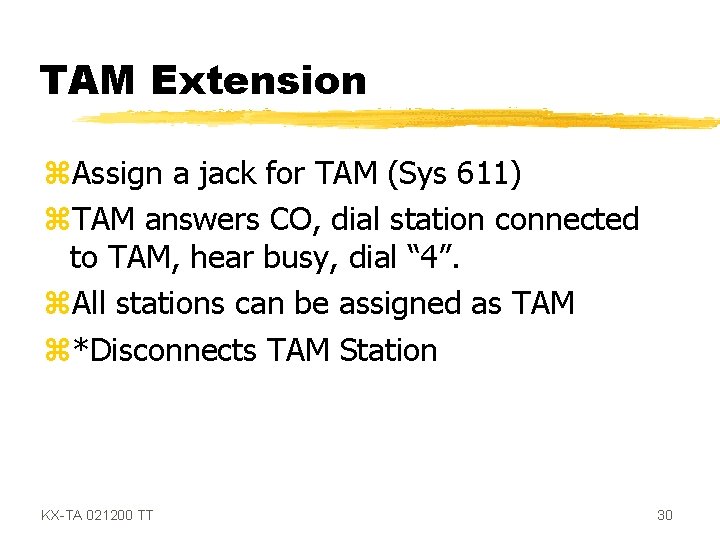 TAM Extension z. Assign a jack for TAM (Sys 611) z. TAM answers CO,