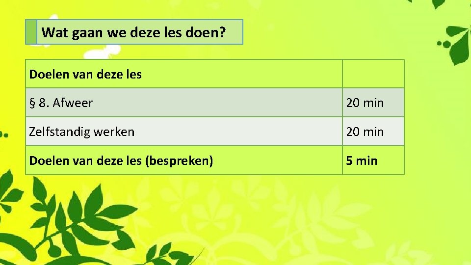 Wat gaan we deze les doen? Doelen van deze les § 8. Afweer 20