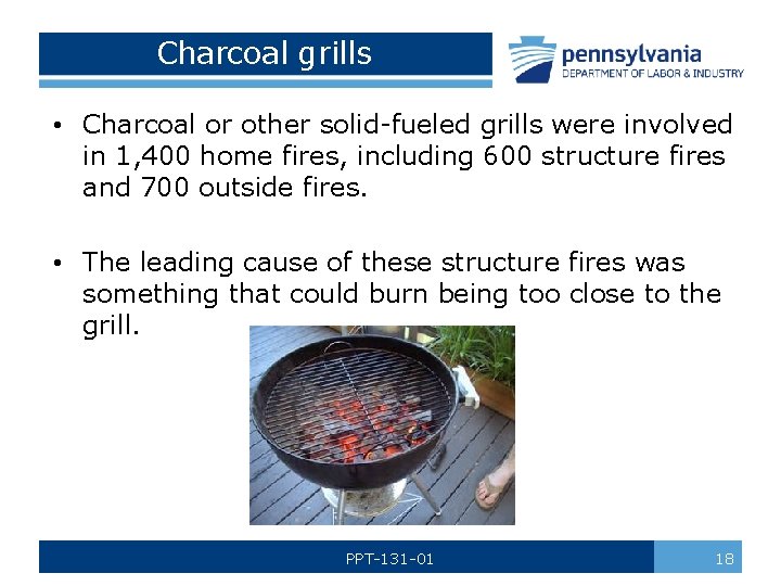 Charcoal grills • Charcoal or other solid-fueled grills were involved in 1, 400 home