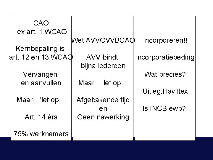 CAO ex art. 1 WCAO Wet AVVOVVBCAO Kernbepaling is art. 12 en 13 WCAO