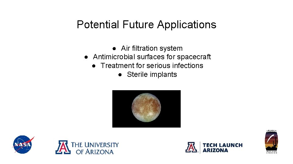 Potential Future Applications ● Air filtration system ● Antimicrobial surfaces for spacecraft ● Treatment