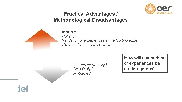 Practical Advantages / Methodological Disadvantages Inclusive Holistic Validation of experiences at the ‘cutting edge’