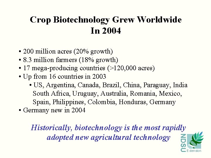 Crop Biotechnology Grew Worldwide In 2004 • 200 million acres (20% growth) • 8.