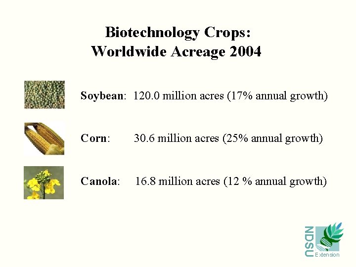 Biotechnology Crops: Worldwide Acreage 2004 Soybean: 120. 0 million acres (17% annual growth) Corn: