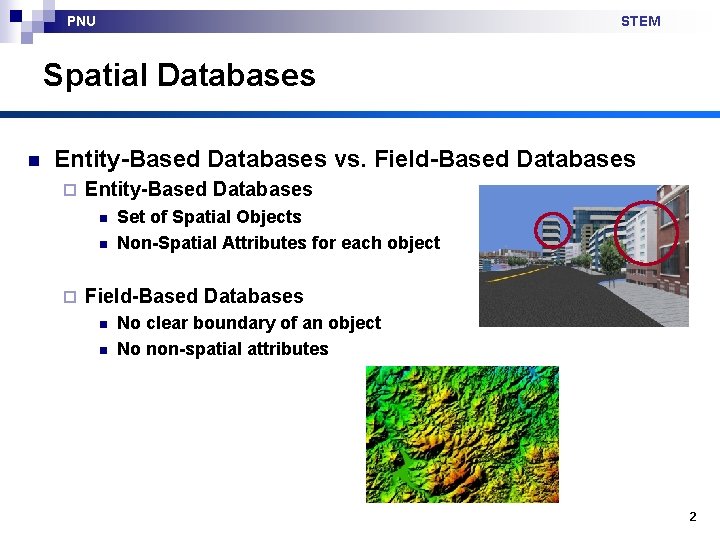 PNU STEM Spatial Databases n Entity-Based Databases vs. Field-Based Databases ¨ Entity-Based Databases n