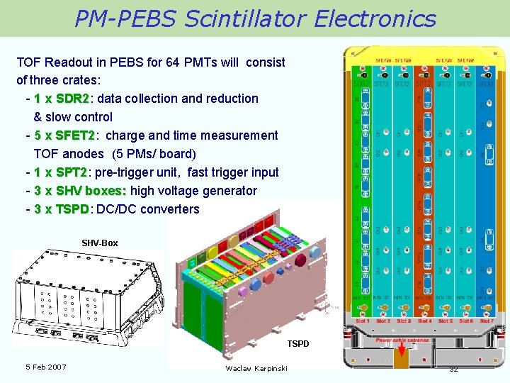 PM-PEBS Scintillator Electronics TOF Readout in PEBS for 64 PMTs will consist of three