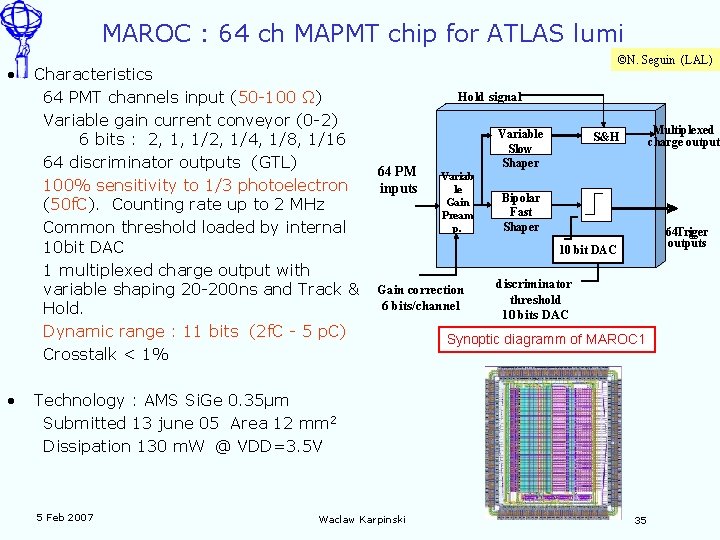 MAROC : 64 ch MAPMT chip for ATLAS lumi • • Characteristics 64 PMT