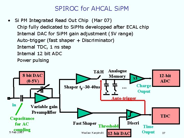 SPIROC for AHCAL Si. PM • Si PM Integrated Read Out Chip (Mar 07)