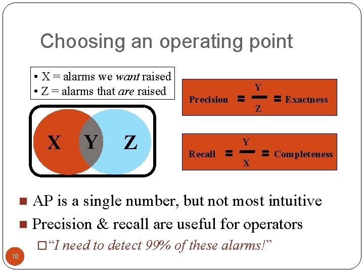 Choosing an operating point • X = alarms we want raised • Z =