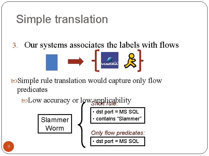 Simple translation 3. Our systems associates the labels with flows Simple rule translation would