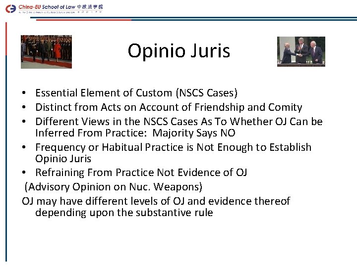 Opinio Juris • Essential Element of Custom (NSCS Cases) • Distinct from Acts on