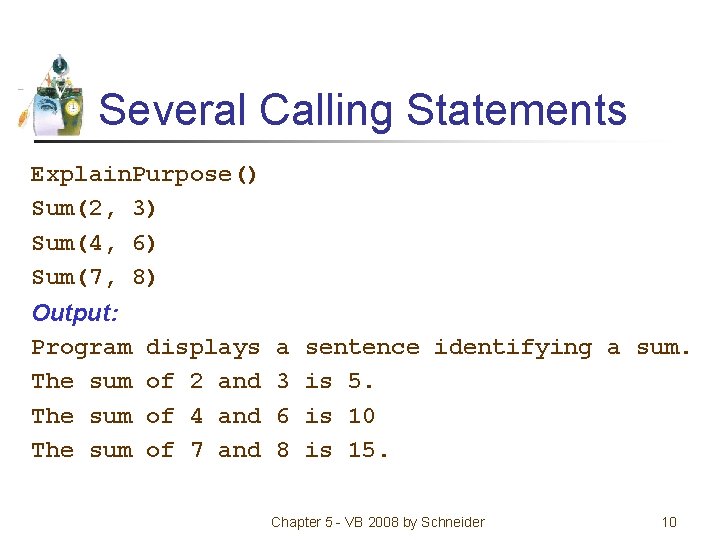 Several Calling Statements Explain. Purpose() Sum(2, 3) Sum(4, 6) Sum(7, 8) Output: Program The