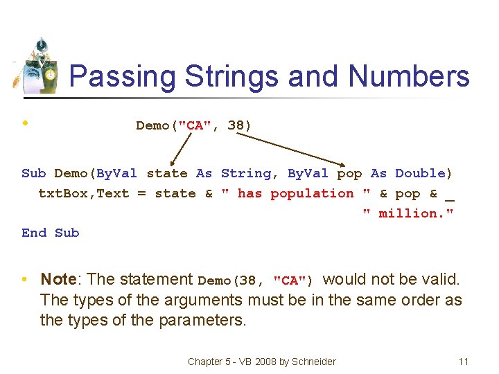 Passing Strings and Numbers • Demo("CA", 38) Sub Demo(By. Val state As String, By.