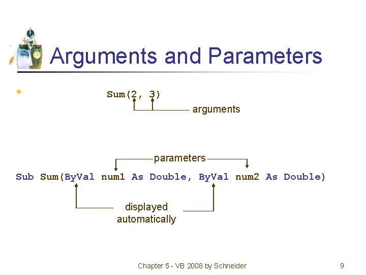 Arguments and Parameters • Sum(2, 3) arguments parameters Sub Sum(By. Val num 1 As