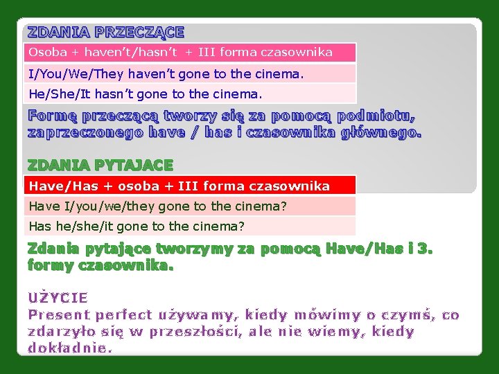 ZDANIA PRZECZĄCE Osoba + haven’t/hasn’t + III forma czasownika I/You/We/They haven’t gone to the