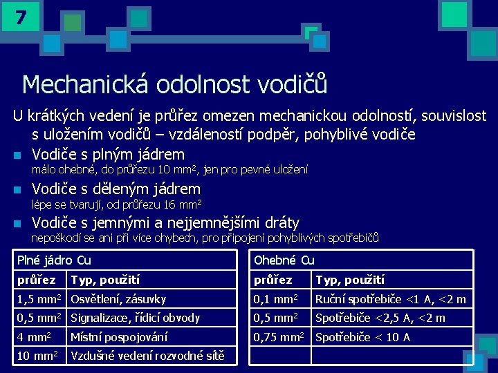 7 Mechanická odolnost vodičů U krátkých vedení je průřez omezen mechanickou odolností, souvislost s