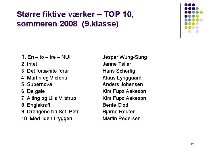 Større fiktive værker – TOP 10, sommeren 2008 (9. klasse) 1. En – to