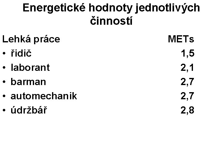 Energetické hodnoty jednotlivých činností Lehká práce • řidič • laborant • barman • automechanik