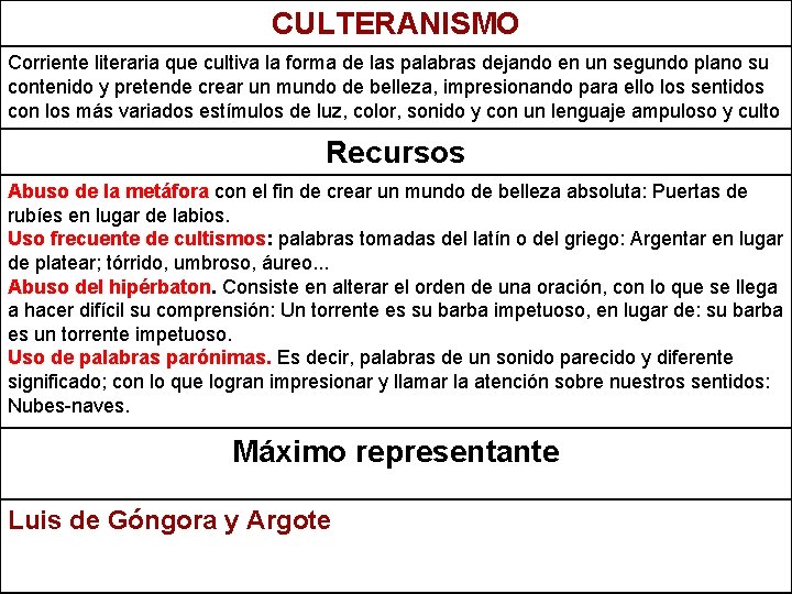 CULTERANISMO Corriente literaria que cultiva la forma de las palabras dejando en un segundo