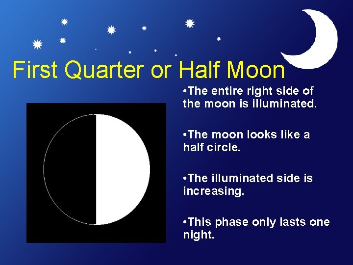 First Quarter or Half Moon • The entire right side of the moon is