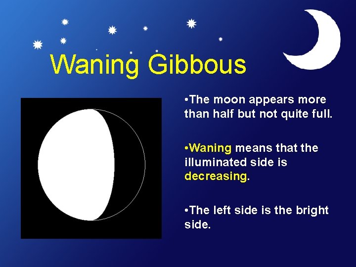 Waning Gibbous • The moon appears more than half but not quite full. •