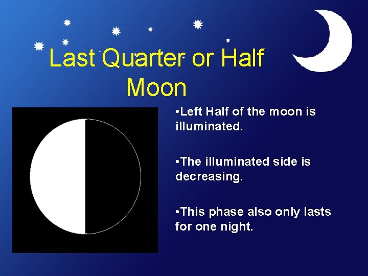 Last Quarter or Half Moon • Left Half of the moon is illuminated. •