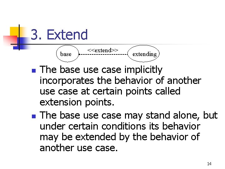 3. Extend base n n <<extend>> extending The base use case implicitly incorporates the